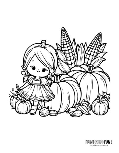 Little girl with pumpkins and corn - coloring page from PrintColorFun com