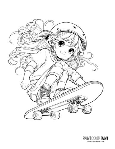 Manga style girl skateboarding coloring page from PrintColorFun com