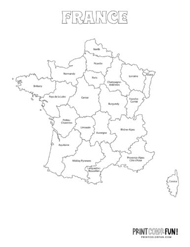 Maps of France to color, at PrintColorFun.com