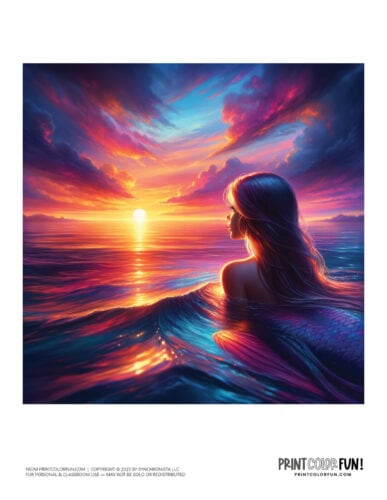 Mermaid staring at the sunset graphic image from PrintColorFun com