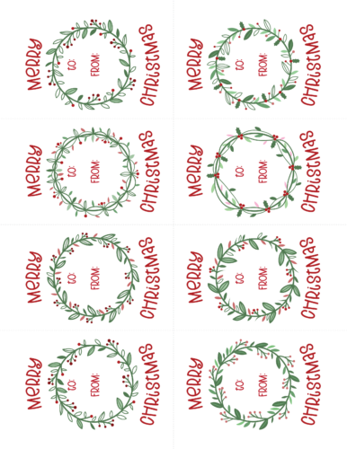 Merry Christmas gift tag set with red and green wreaths (1)
