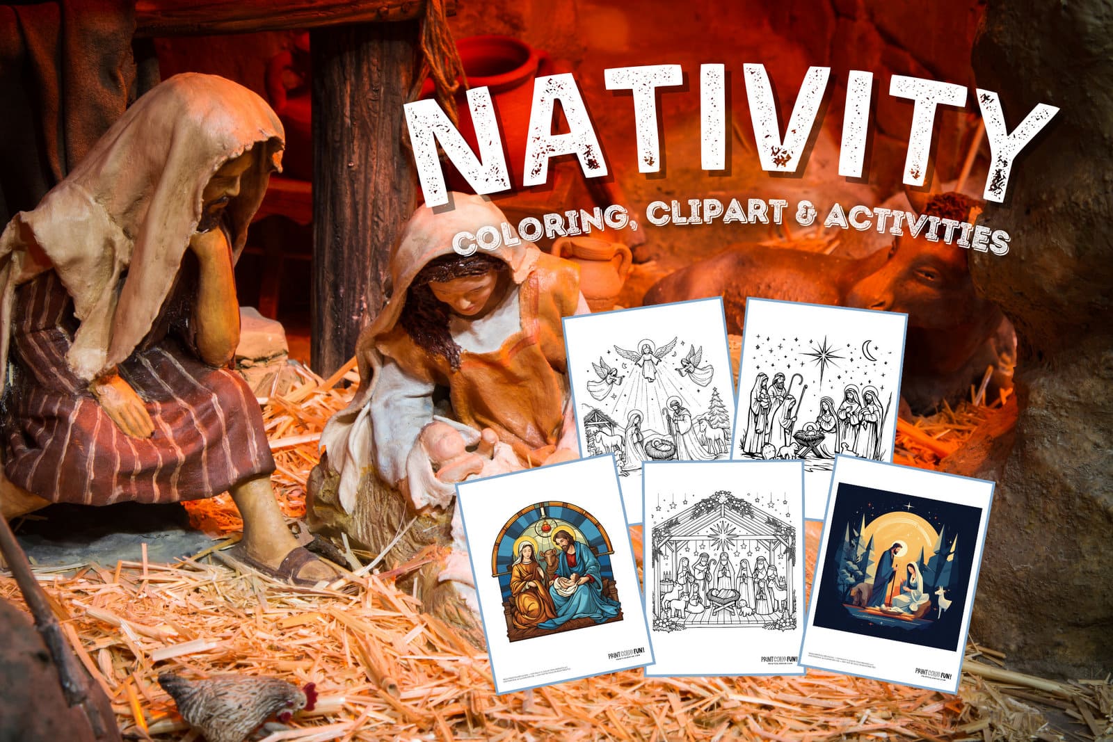 Nativity scene coloring pages and clipart for Christmas from PrintColorFun com
