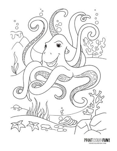 Octopus at the bottom of the sea coloring page at PrintColorFun com