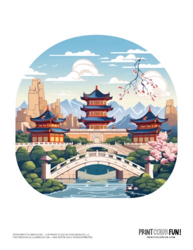 Old China scene clipart drawing from PrintColorFun com (1)