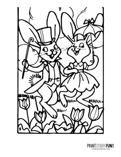 Old-fashioned dancing Easter bunny couple from PrintColorFun com