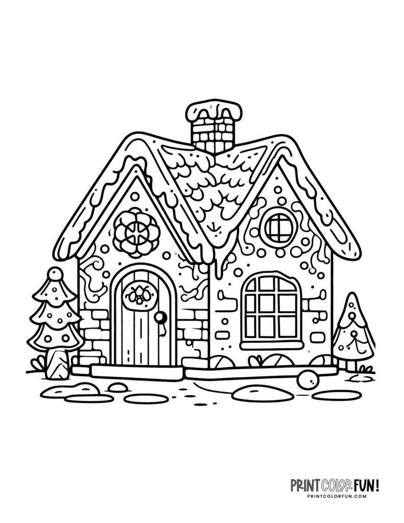 23 sweet & fun gingerbread house coloring pages for kids, at PrintColorFun.com