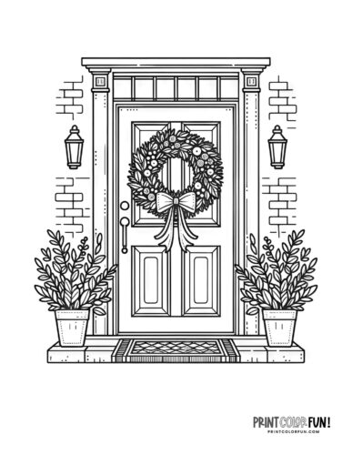 Porch and front door with Christmas wreath coloring page at PrintColorFun com