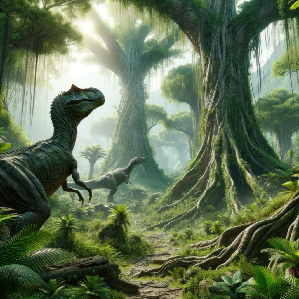 Prehistoric dinosaurs and trees at PrintColorFun com