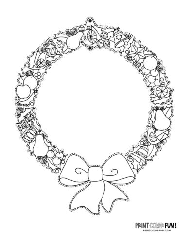 Pretty Christmas wreath with a bow coloring page at PrintColorFun com