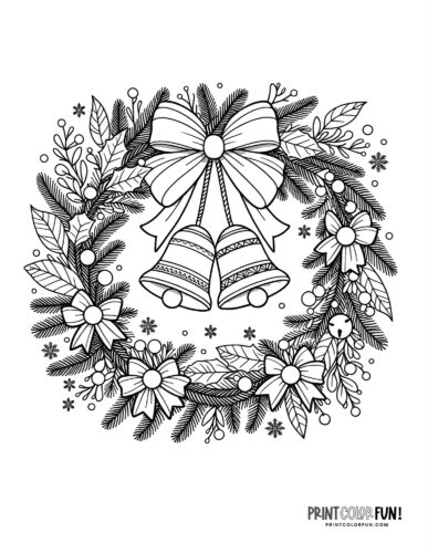 Pretty Christmas wreath with bells coloring page - PrintColorFun com