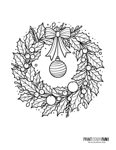 Pretty Christmas wreath with holly coloring page - PrintColorFun com