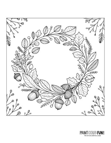 Pretty fall wreath coloring page from PrintColorFun com
