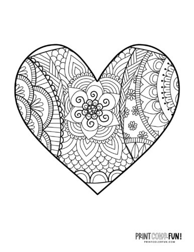 Pretty patterned zen doodle heart to color