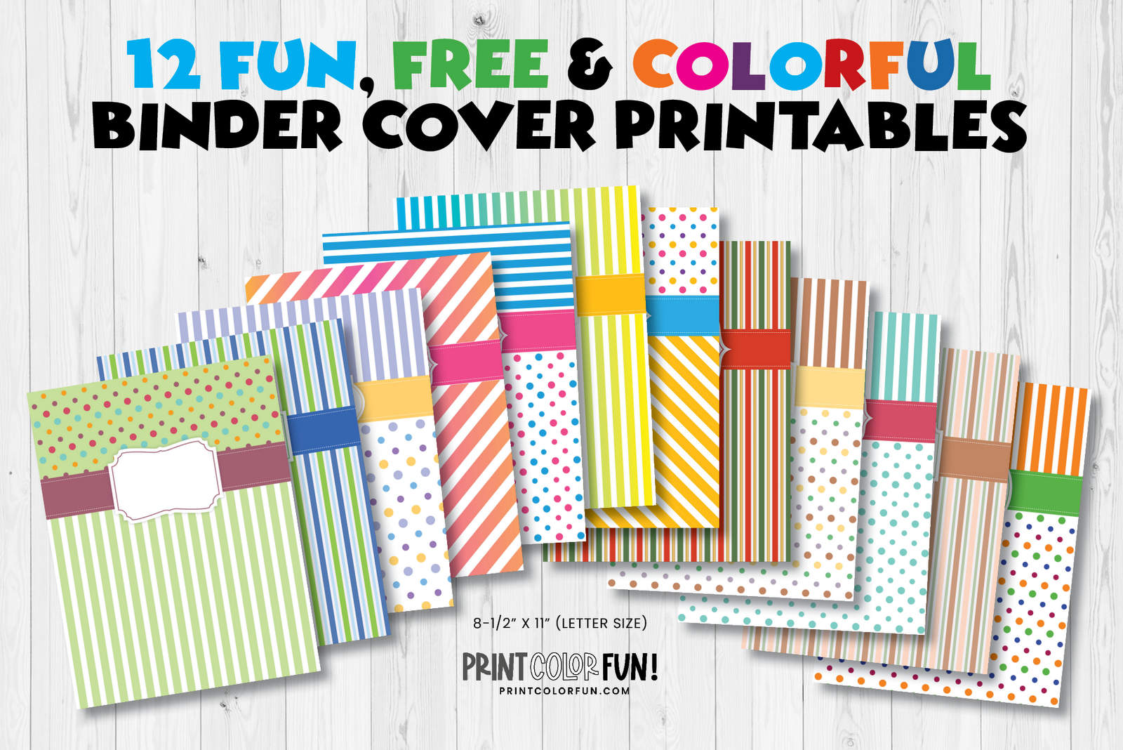 Printable binder covers: 12 free colorful sets with matching front, back & spines in 4 sizes, at PrintColorFun.com