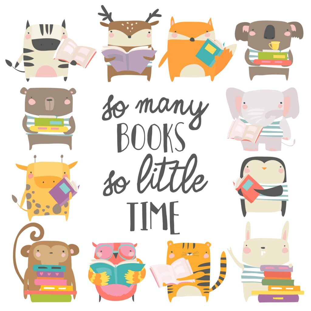 Cute animals reading books on white background
