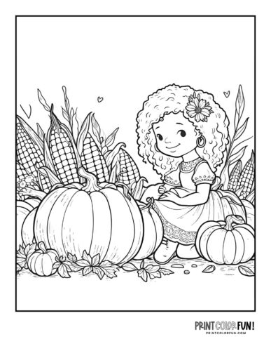 Pumpkin patch with a girl - corn stalk coloring page from PrintColorFun com