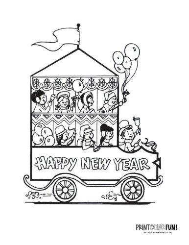 Retro Happy New Year bus coloring page clipart from PrintColorFun com
