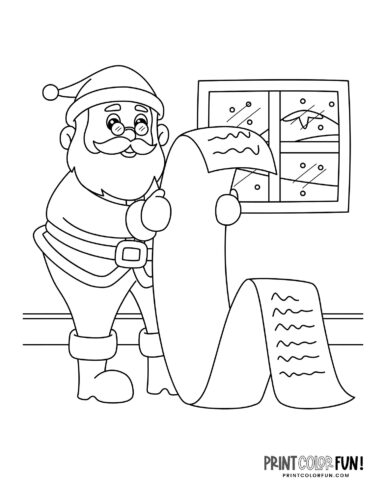 Santa Claus with a long Christmas list coloring page from PrintColorFun com