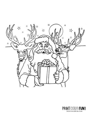 Santa Claus with two reindeer coloring page from PrintColorFun com