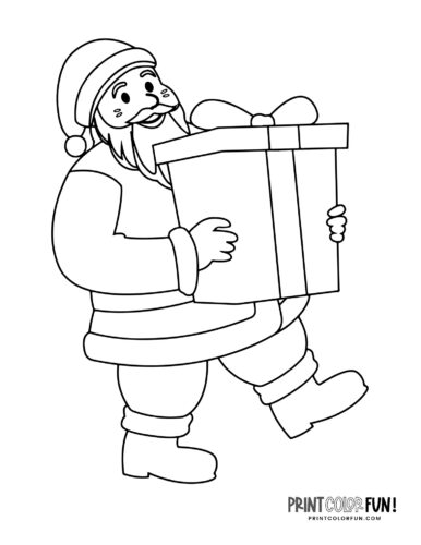 Santa carrying a big Christmas gift Christmas printable from PrintColorFun com