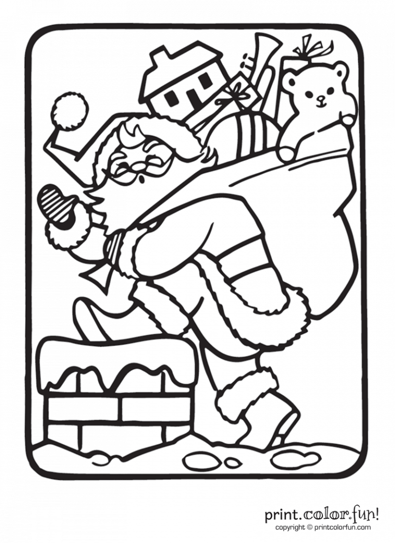 santa going down chimney coloring pages