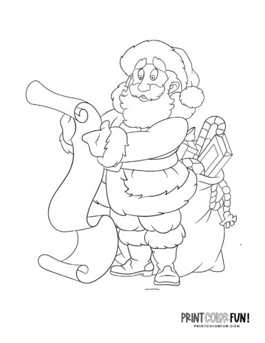 Santa reading his list of naughty and nice coloring page from PrintColorFun com