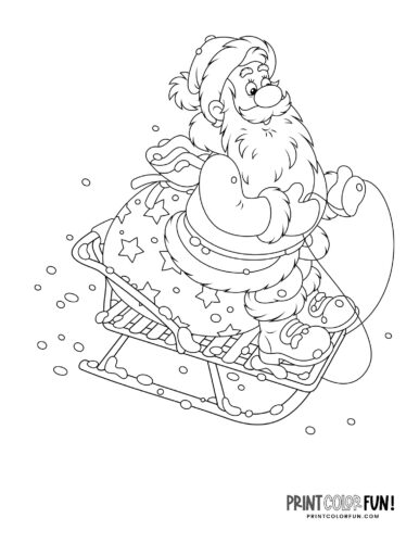 Santa with a mini sleigh in the snow - Christmas coloring at PrintColorFun com