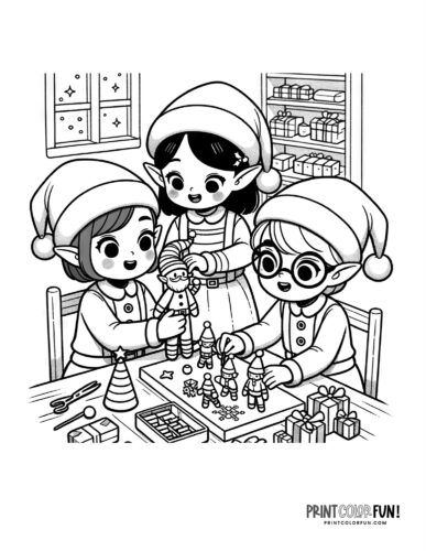 Santa's elves making toys at the North Pole coloring page at PrintColorFun com