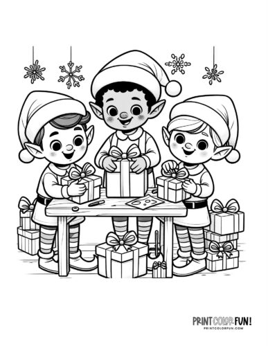 Santa's elves wrapping gifts coloring page at PrintColorFun com