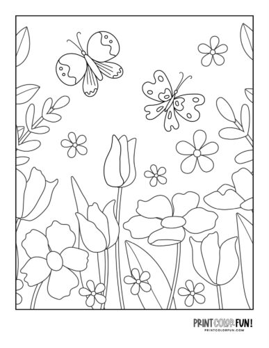 Simple butterfly and flower garden coloring page - PrintColorFun com