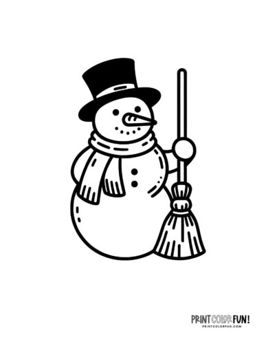 Simple snowman with a top hat and broom coloring page from PrintColorFun com