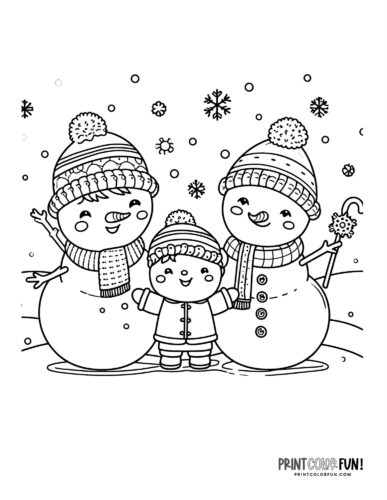 Snow mom, dad and kid - Snowman coloring page from PrintColorFun com