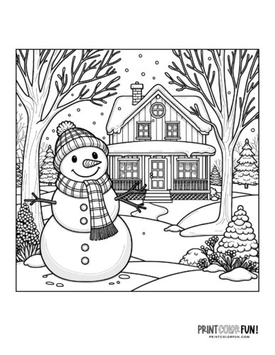 Snowman and a house in winter - Snowman coloring page from PrintColorFun com