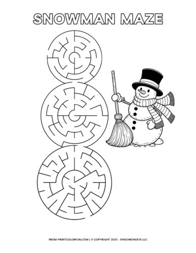 Snowman black and white maze - Circles from PrintColorFun com