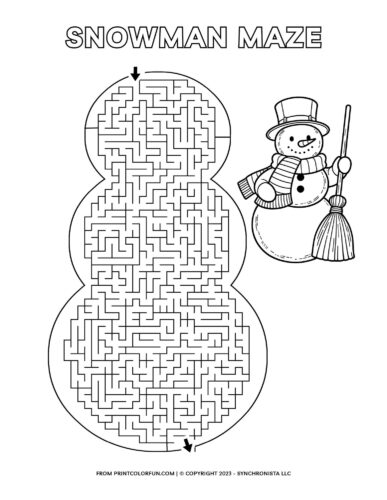 Snowman black and white maze from PrintColorFun com