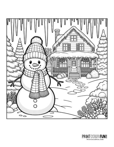 Snowman in front of an icy house - Snowman coloring page from PrintColorFun com