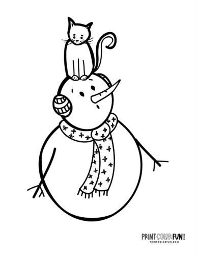 Snowman with a cat on his head - Snowman coloring page from PrintColorFun com