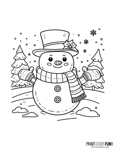 Snowman with top hat and scarf - Snowman coloring page from PrintColorFun com