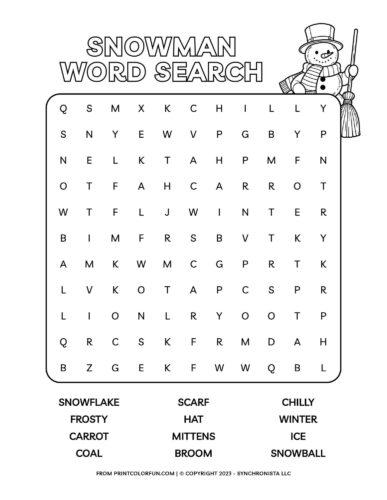 Snowman word search from PrintColorFun com