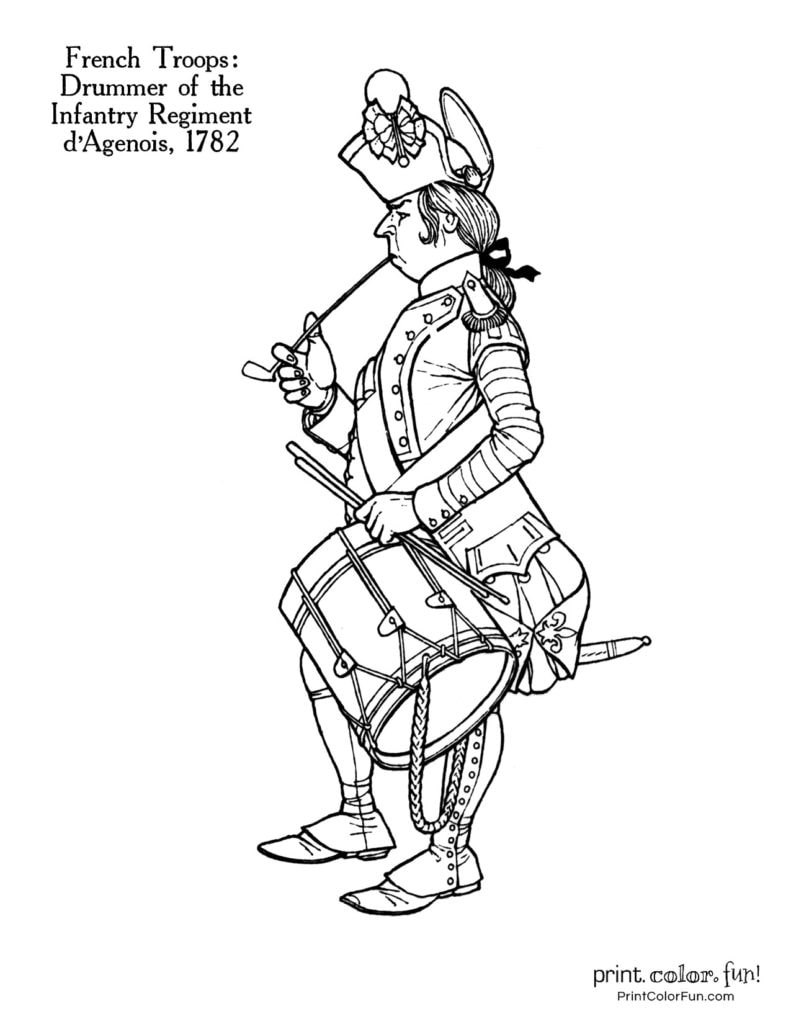 Revolutionary War solder coloring pages: 11 historic uniforms