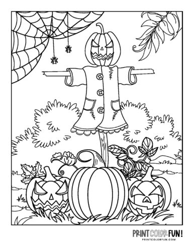 Spooky Halloween scarecrow with pumpkins coloring page