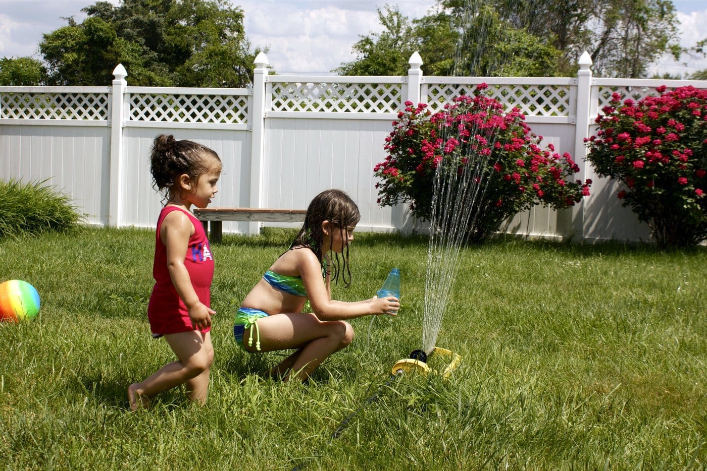Sprinkler fun on the grass in the backyard
