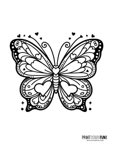 Tattoo-style butterfly with hearts coloring page - PrintColorFun com
