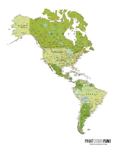 The Americas - North America and South America map from PrintColorFun com
