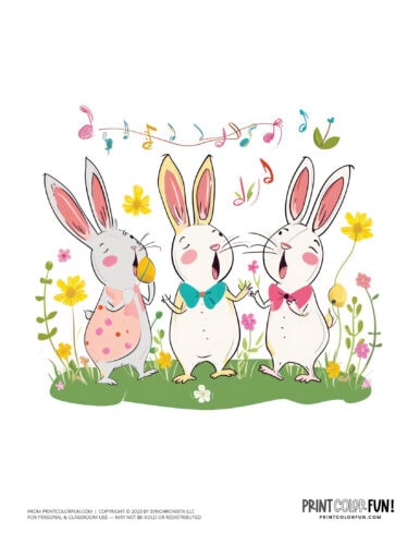 Three Easter bunnies singing from PrintColorFun com