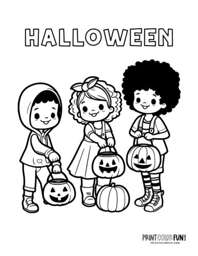 Three cute kids trick-or-treating for Halloween - PrintColorFun comn
