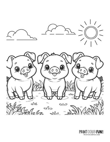 Three cute little pigs coloring page - PrintColorFun com