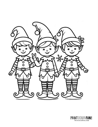 Three matching elves from the North Pole coloring page at PrintColorFun com