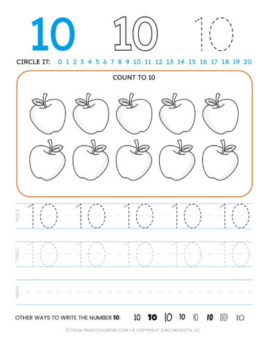Tracing the number 10 printable page at PrintColorFun com