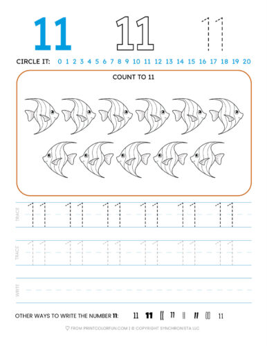 Tracing the number 11 printable page at PrintColorFun com